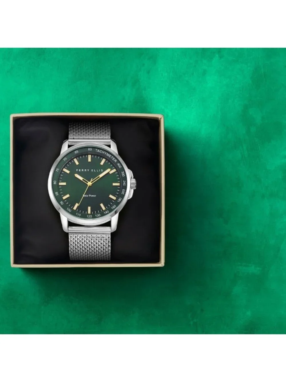 Men Silver Green Steel Mesh Band Aluminum Tachymeter Bezel Water-Resistant Watch